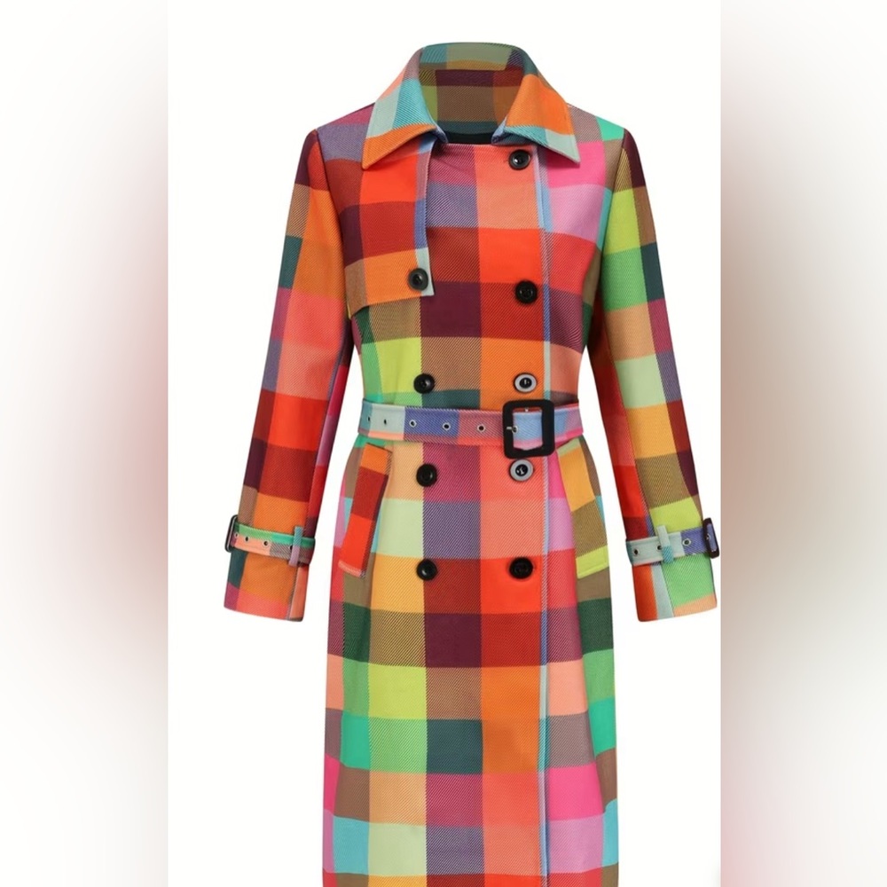 NEW $138 Rainbow Plaid Double-breasted Trench Coat - Picture 3 of 8